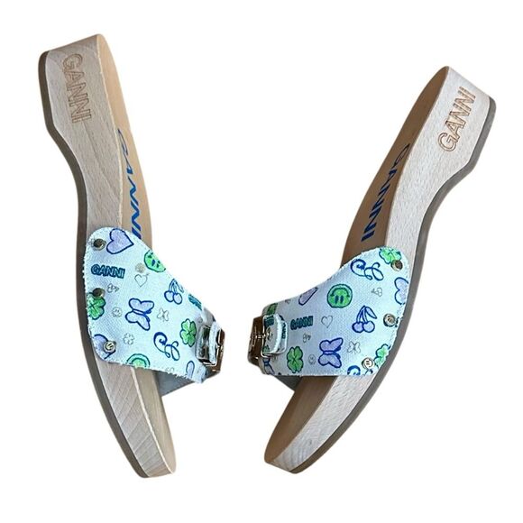 Ganni Canvas Wooden Clog Slides Sandals - White, Multi, Size 9